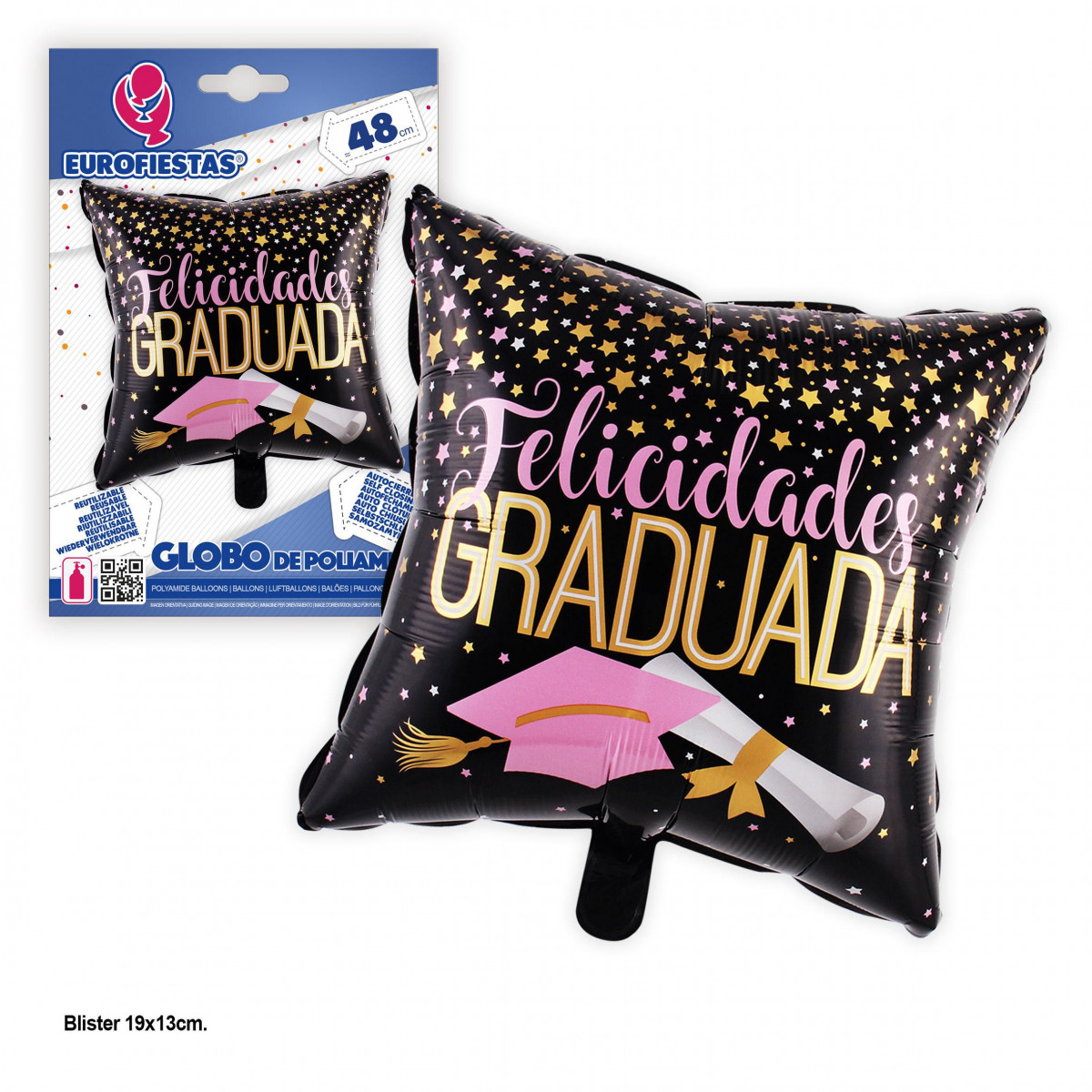 Globo foil 48cm cuadrado felicidades graduada negro