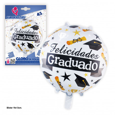 Globo foil 45cm redondo felicidades graduado blanco