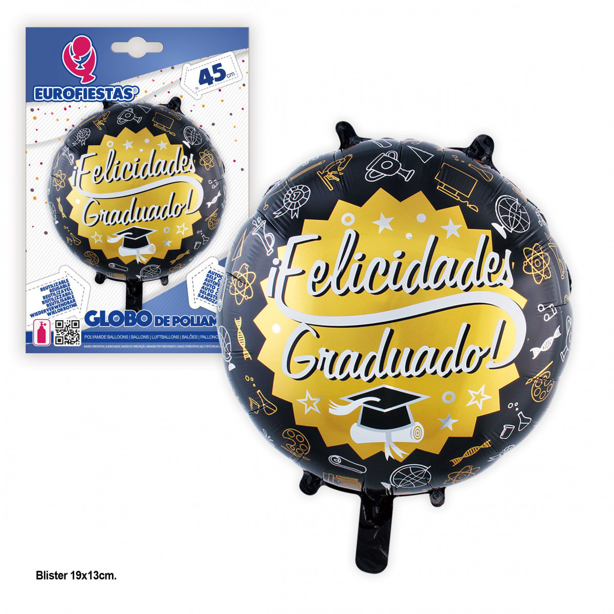 Globo foil 45cm redondo felicidades graduado negro