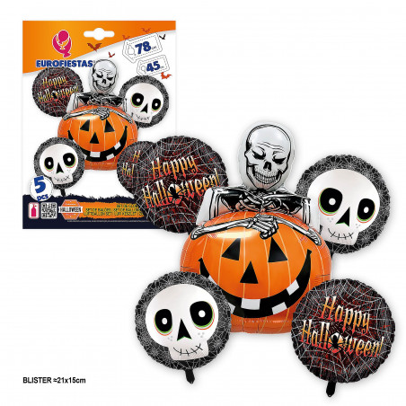 Set globos foil happy halloween calabaza y esqueleto 5pcs