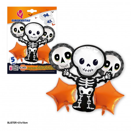 Set globos foil halloween esqueleto y estrellas 5pcs