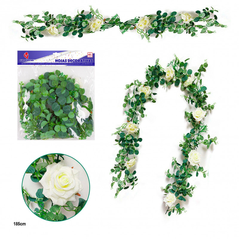 Hoja decorativa con rosas blancas