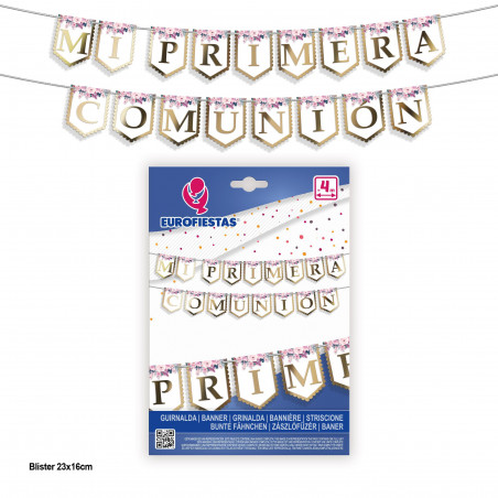Guirnalda banderines comunion floral oro metalizado