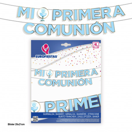 Guirnalda letras comunion caliz borde oro metalizado azul