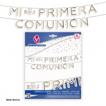 Guirnalda letras comunion caliz y palomas blanca y oro metalizado