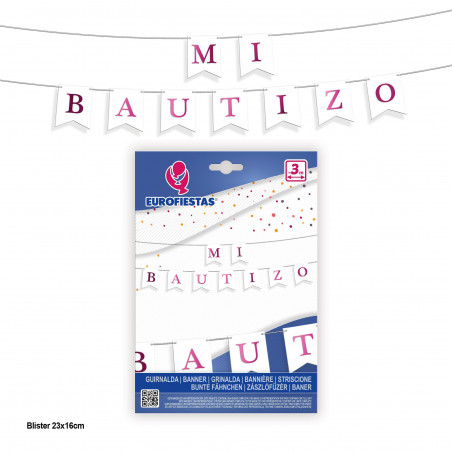 Guirnalda banderines bautizo blanca y rosa metalizado