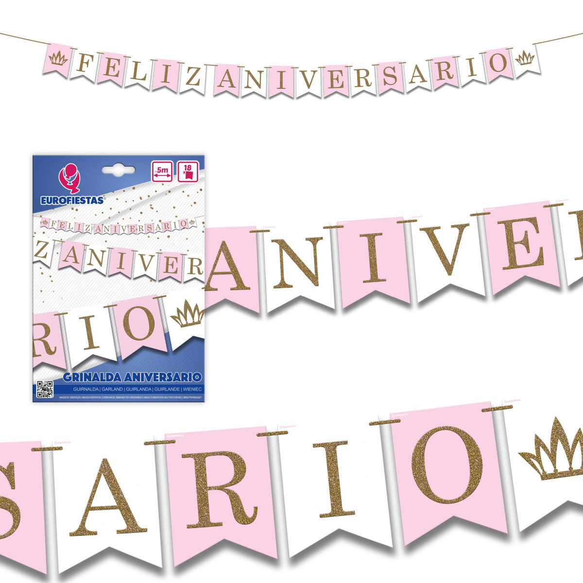 Guirnalda feliz aniversario rosa blanco purpurina oro