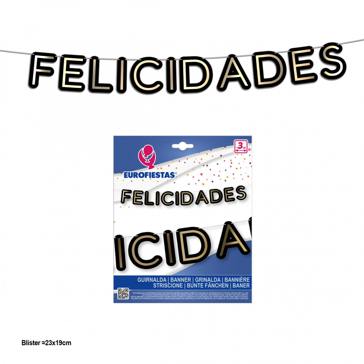 Guirnalda felicidades letras negras y oro metalizado