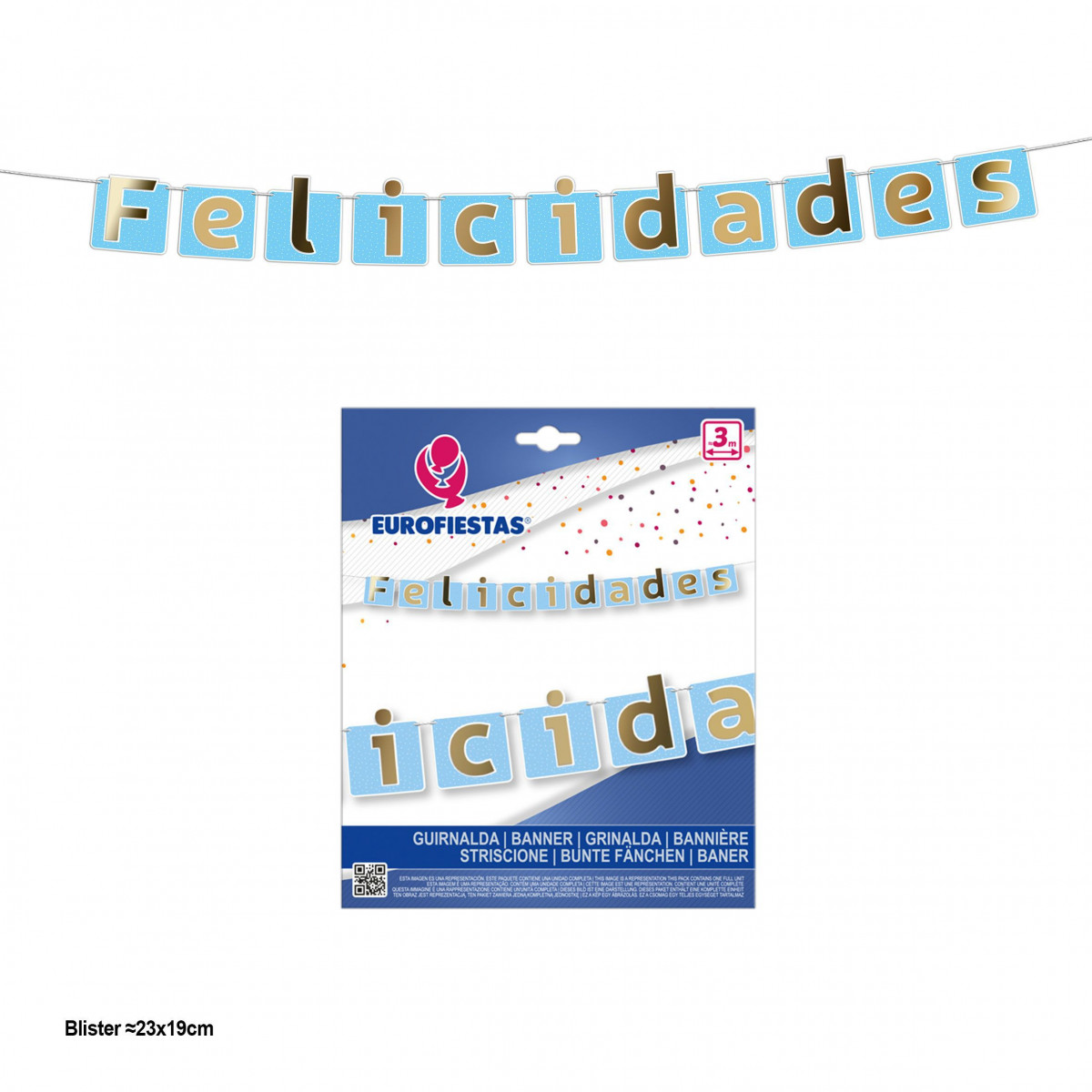 Guirnalda felicidades banderines azules con letras oro metalizado