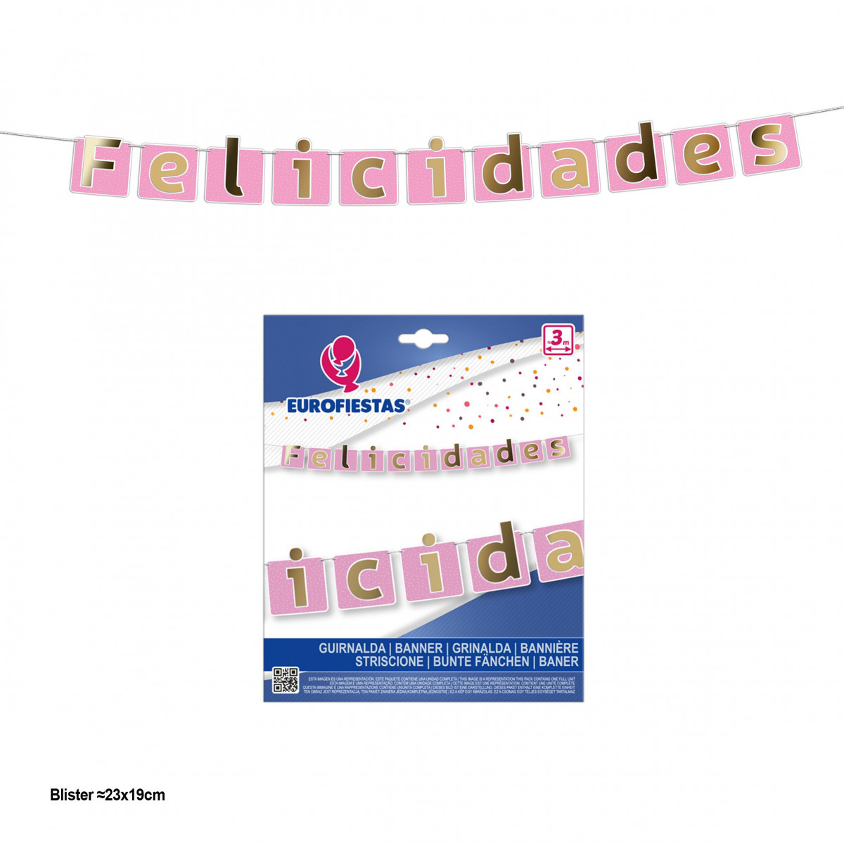 Guirnalda felicidades banderines rosas con letras oro metalizado
