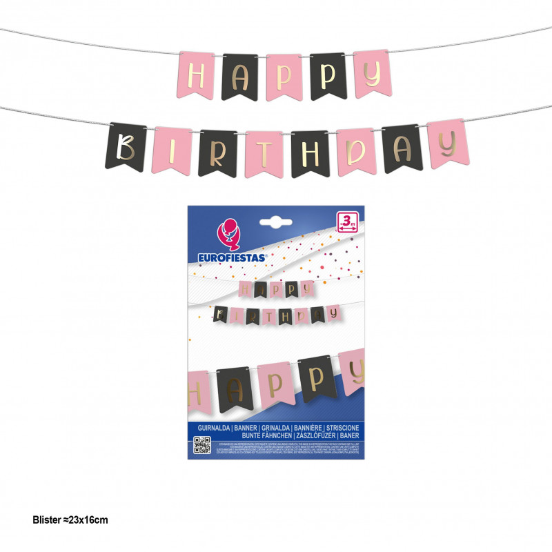 Guirnalda happy birthday banderines rosa y gris con letras oro metalizado