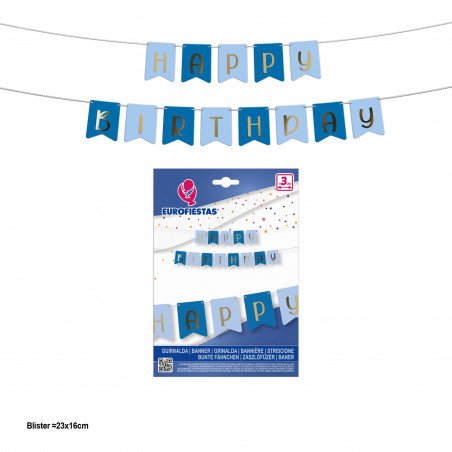 Guirnalda happy birthday banderines azul celeste y real con letras oro metalizado