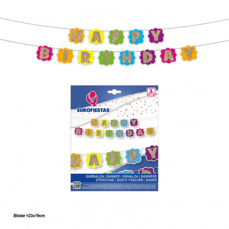 Guirnalda happy birthday banderines forma flor con letras purpurina oro