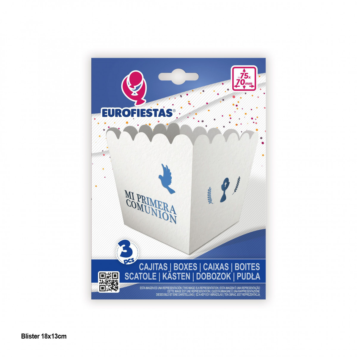 Caja palomitas peq 3pcs comunion azul palomas
