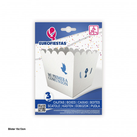 Caja palomitas peq 3pcs comunion azul palomas