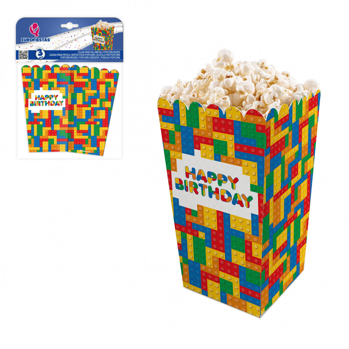 Cajas para Palomitas Happy Birthday con Diseño de Bloques Pack de 3 Unidades