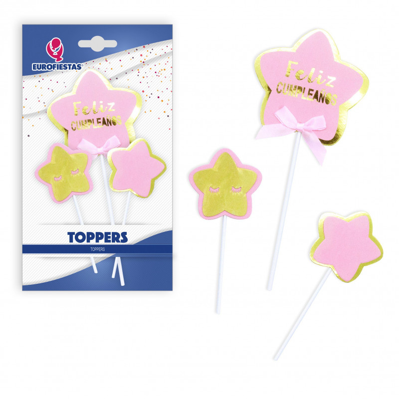 Topper feliz cumpleañoz estrellas rosas