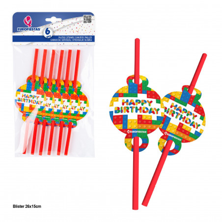 Pajitas Happy Birthday con Diseño de Bloques Pack de 6 Unidades