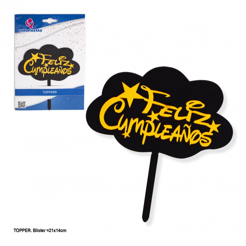 Topper feliz cumpleaños nube negra y oro