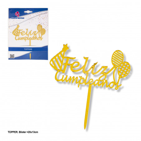 Topper feliz cumpleaños globos y gorro oro