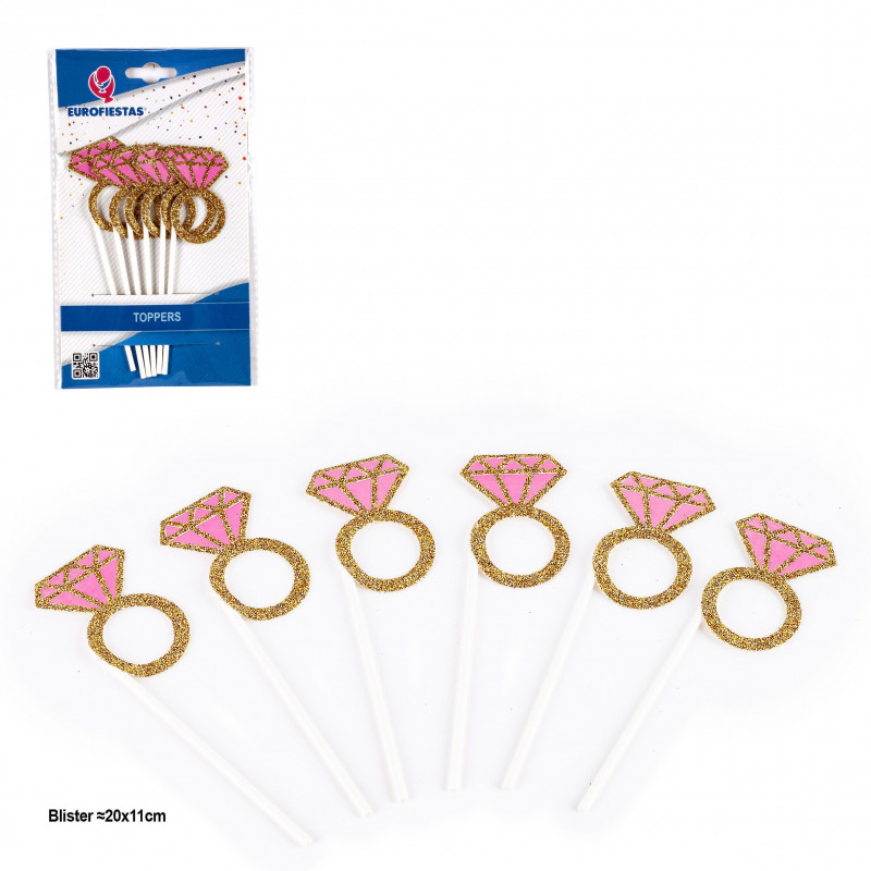 Topper anillos con diamante rosa y purpurina oro 2pcs