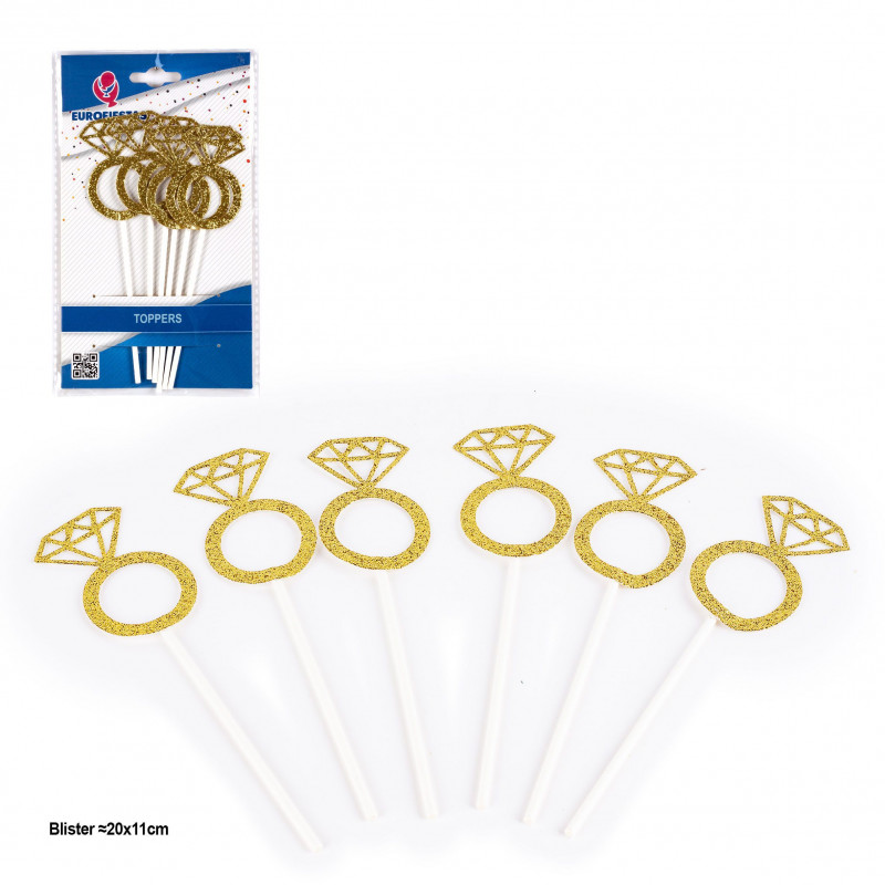 Topper anillos con diamante purpurina oro 6pcs