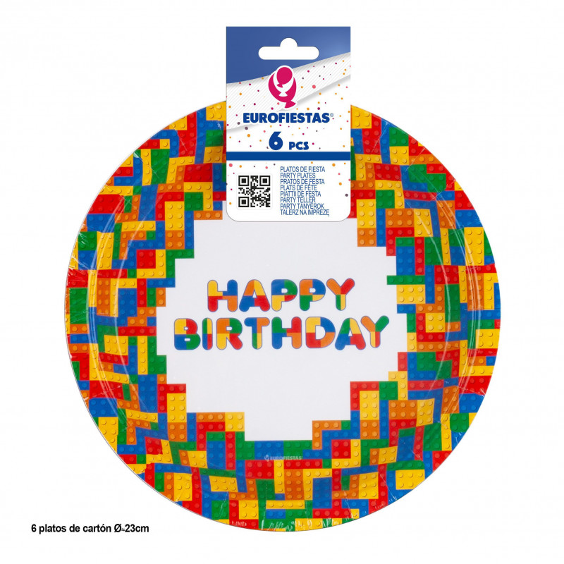 Platos de Cartón Happy Birthday con Diseño de Bloques Pack de 6 Unidades
