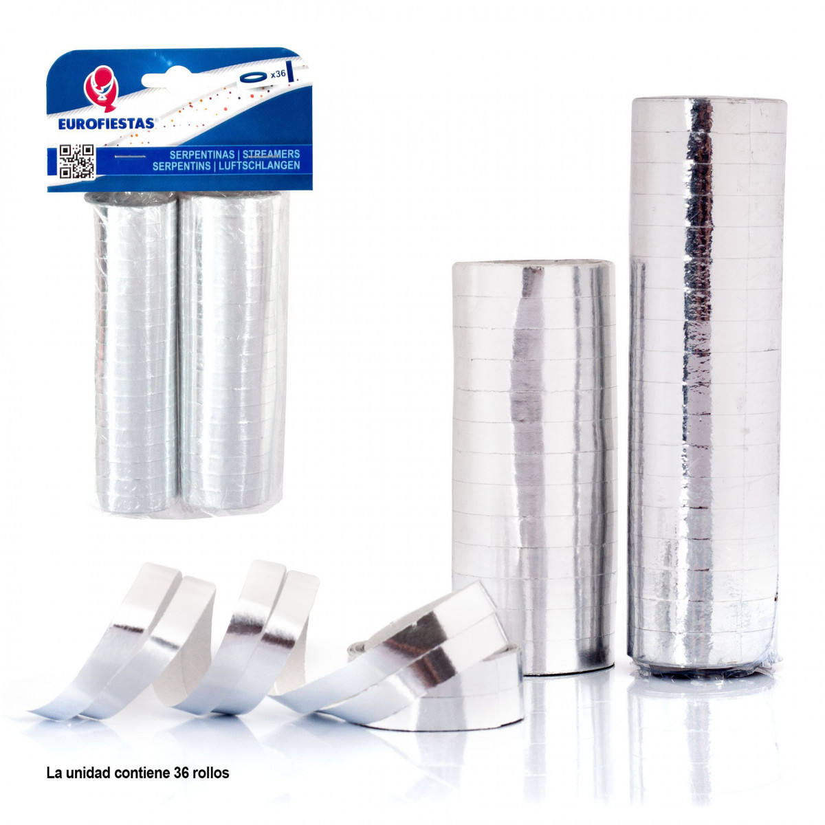 Serpentinas 36 rollos metalizadas plata
