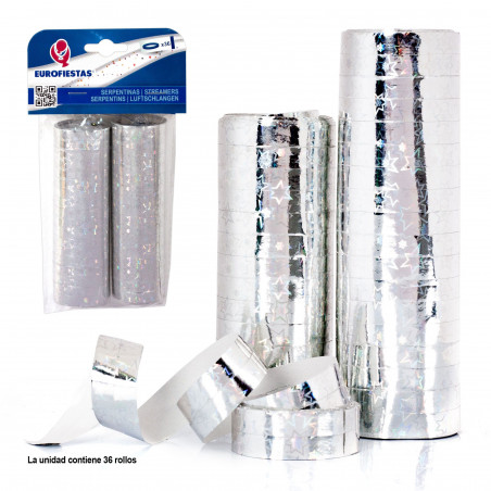 Serpentinas 36 rollos holograficas estrellas plata