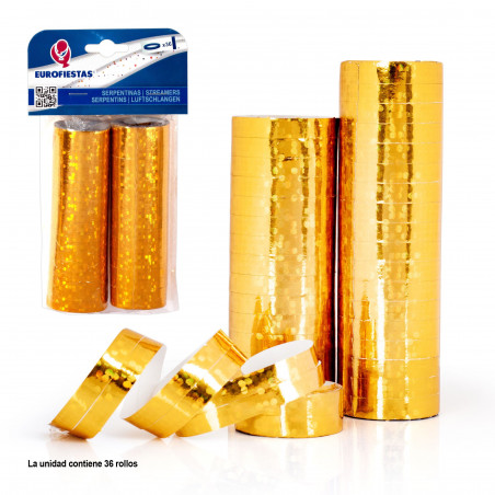 Serpentinas 36 rollos holograficas puntos oro