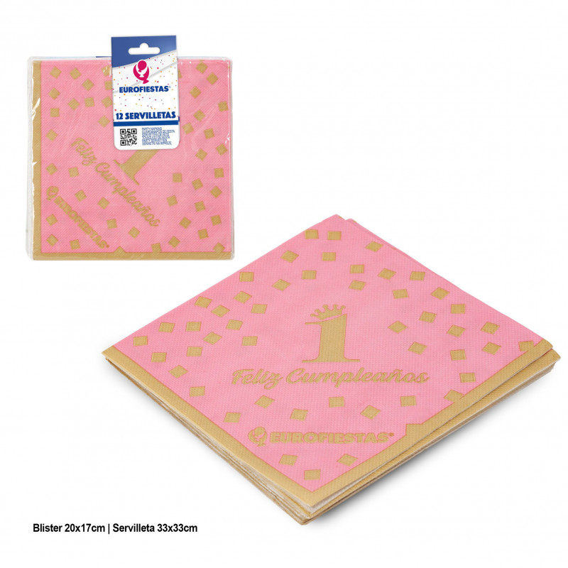 SERVILLETAS COLECCION FELIZ 1 CUMPLEAÑOS ROSA