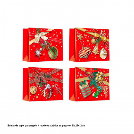 Bolsa horizontal regalo navidad rojas y oro 31x25x12cm 4ms med
