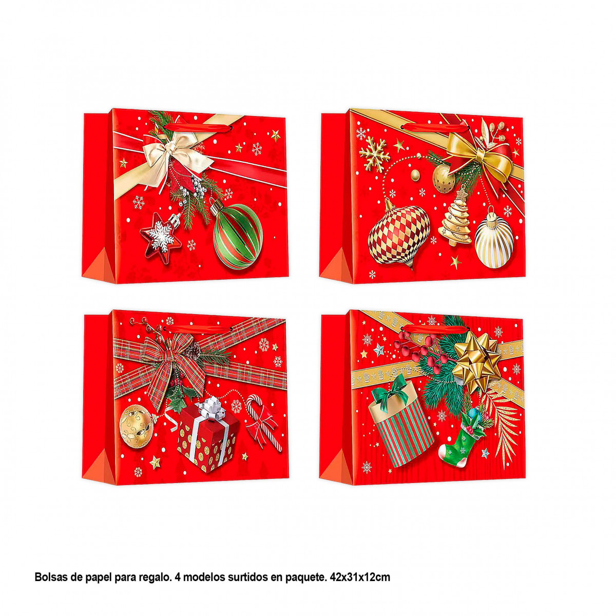 Bolsa horizontal navidad rojas y oro 42x31x12cm 4ms gr