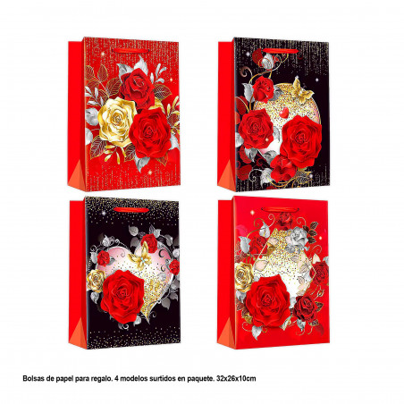 Bolsa regalo san valentin flores con oro 32x26x10cm 4ms med