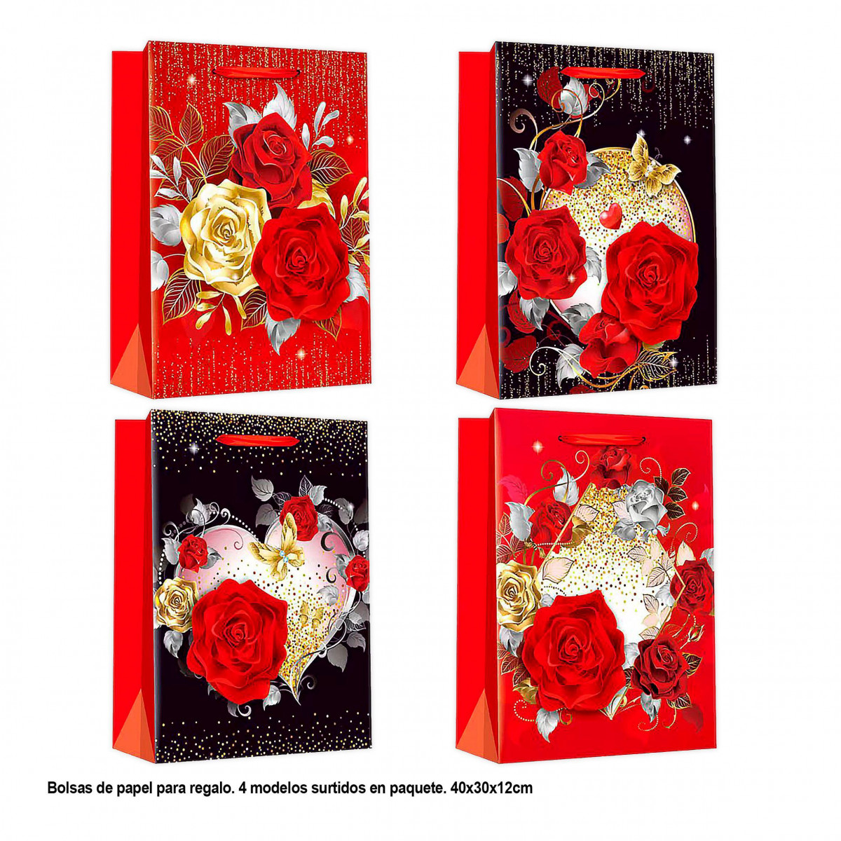 Bolsa san valentin flores con oro 40x30x12cm 4ms gr