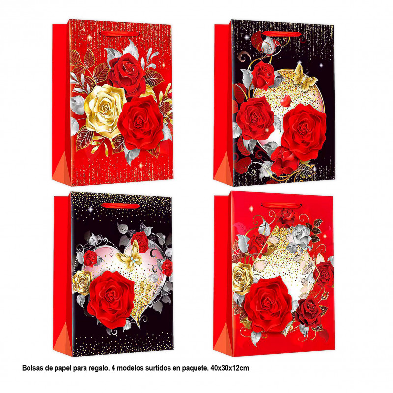 Bolsa regalo san valentin flores con oro 40x30x12cm 4ms gr