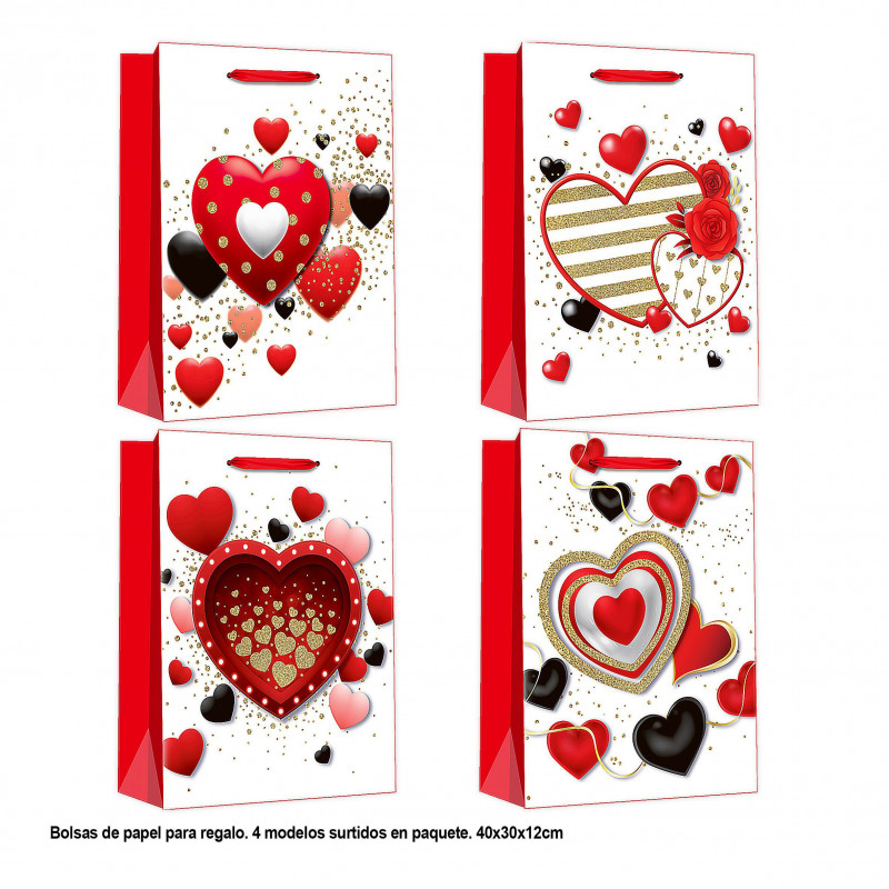 Bolsa san valentin corazones rojos y negros 40x30x12cm 4ms gr
