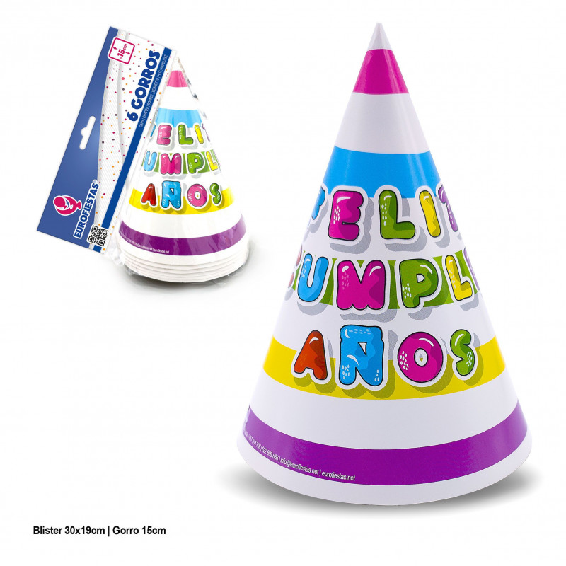 Gorros col franjas colores feliz cumpleaños 6pcs