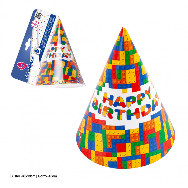 Gorros de Fiesta Happy Birthday con Diseño de Bloques Pack de 6 Unidades