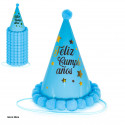 Gorro feliz cumpleaños estrellas pompones azul