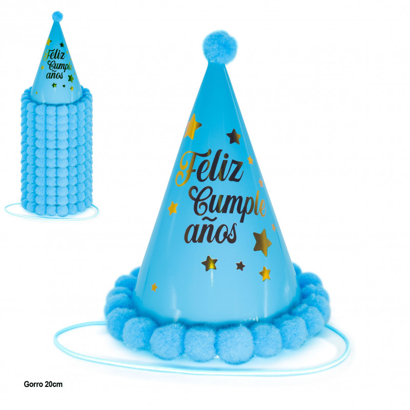 Gorro feliz cumpleaños estrellas pompones azul