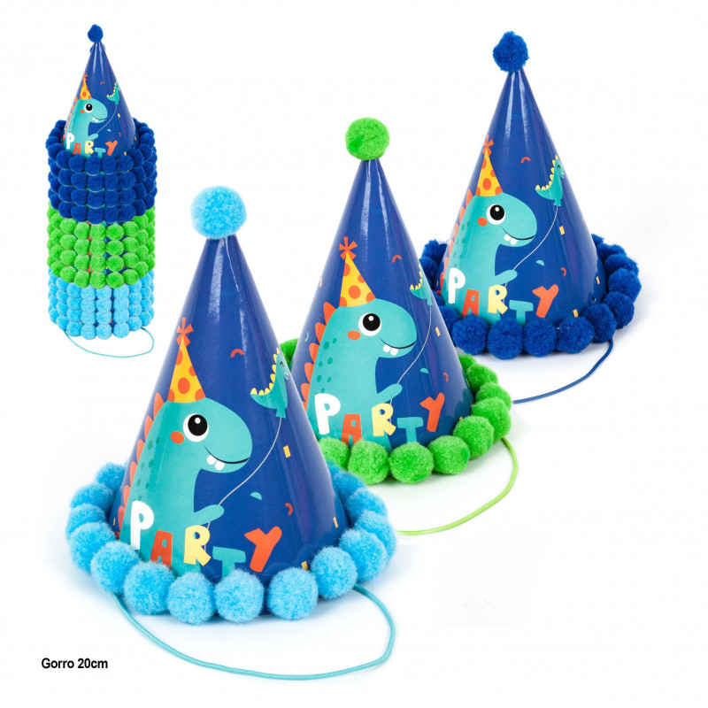 Gorro 20cm azul dinosaurios party pompones