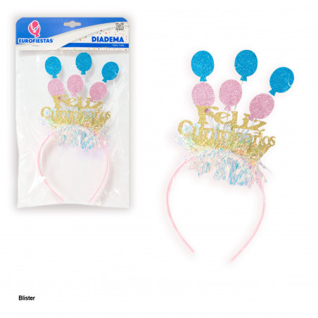 Diadema happy birthday globos azul y rosa