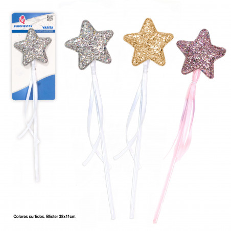 Varita estrella purpurina oro lazo blanco