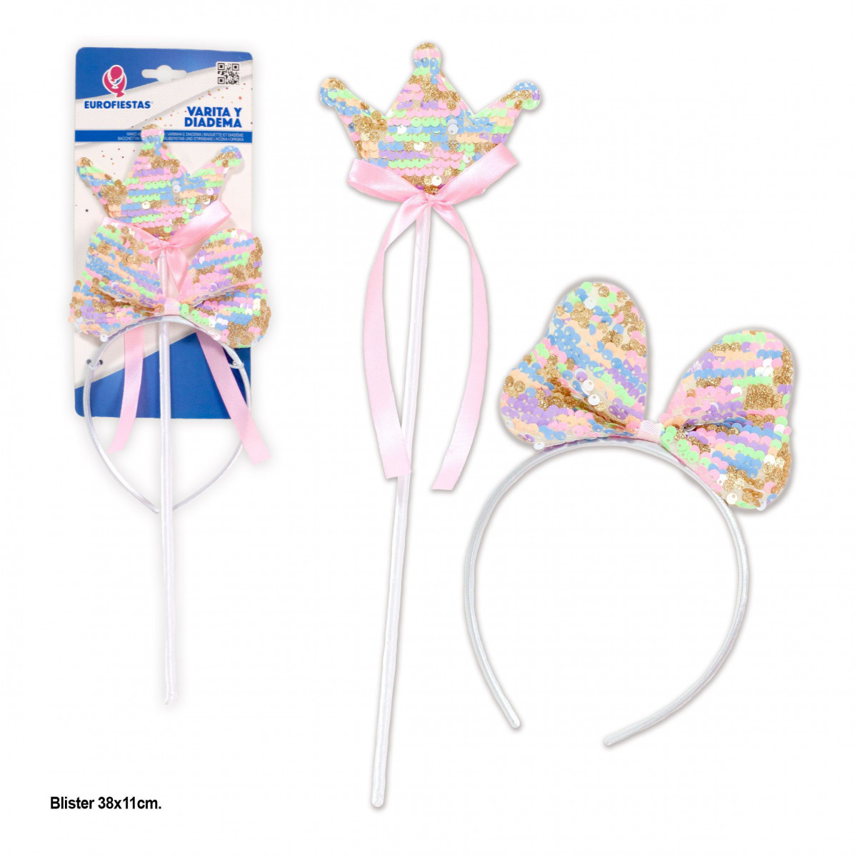 Set varita y diadema lentejuelas color