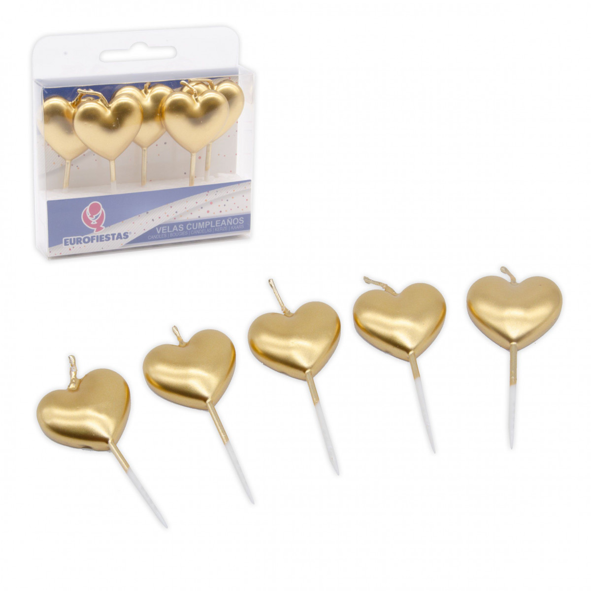 5 velas corazon oro