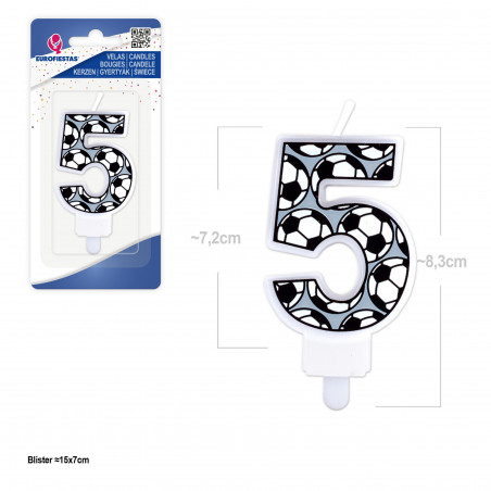 Vela de Cumpleaños Número 5 Diseño de Fútbol Ideal para Tartas Futboleras