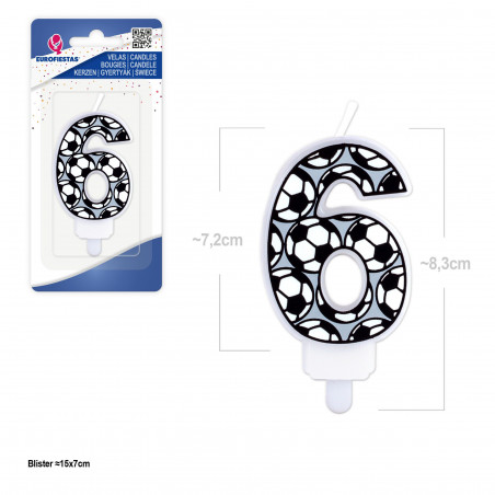 Vela de Cumpleaños Número 6 con Diseño Fútbol Decoración para Tartas Futboleras