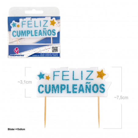 Vela bloque feliz cumple purpurina azul y oro