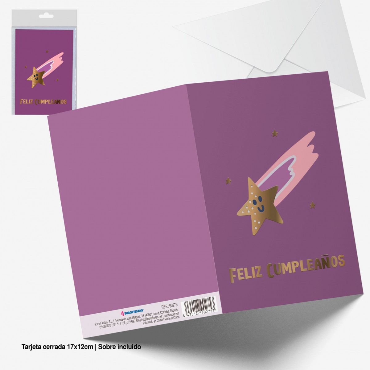 Tarjeta felicitacion feliz cumpleaños purpurina oro estrella fugaz